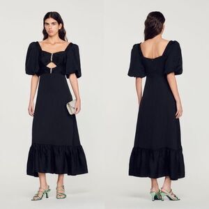NEW NWT SANDRO Falbala Crystal Embellished Midi Dress Black